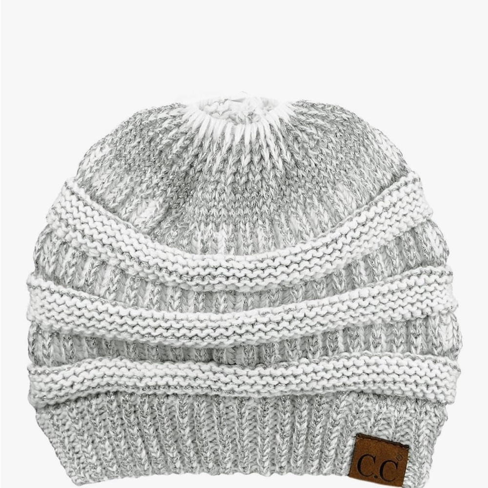 C.C. Messy Bun or Ponytail
Beanie Hat Metallic Silver